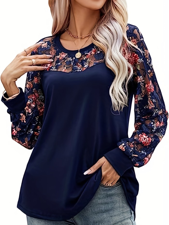 Floral Pattern Mesh Stitching Top, Casual Lantern Sleeve Top For Spring & Fall, Women's Clothing