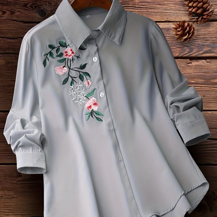 Floral Embroidered Button Down Shirt, Vintage Long Sleeve Shirt For Spring & Fall, Women's Clothing