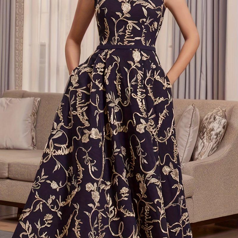 Plus Size Elegant Bridesmaid Dress, Women's Plus Floral Print Cap Sleeve Square Neck A-line Maxi Evening Formal Dress