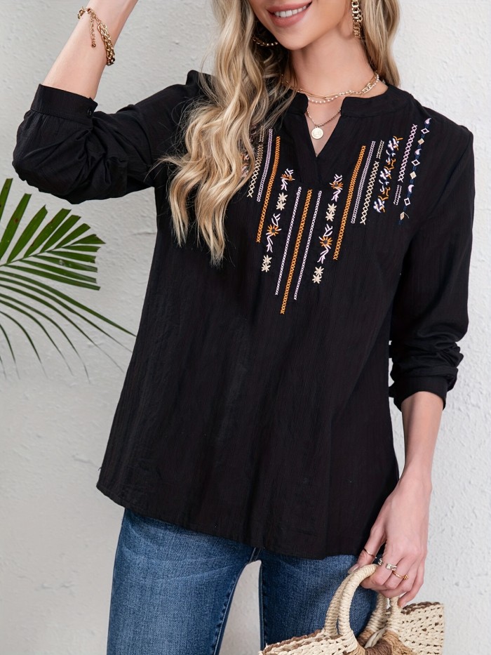 Embroidery Ethnic Style V-neck Shirt, Casual Long Sleeve Spring & Autumn Shirts Tops, Women's Clothing