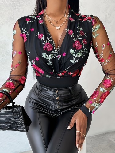 Floral Embroidered Mesh Splicing V-neck Blouse, Vintage Long Sleeve Slim Blouse For Spring & Fall, Women's Clothing