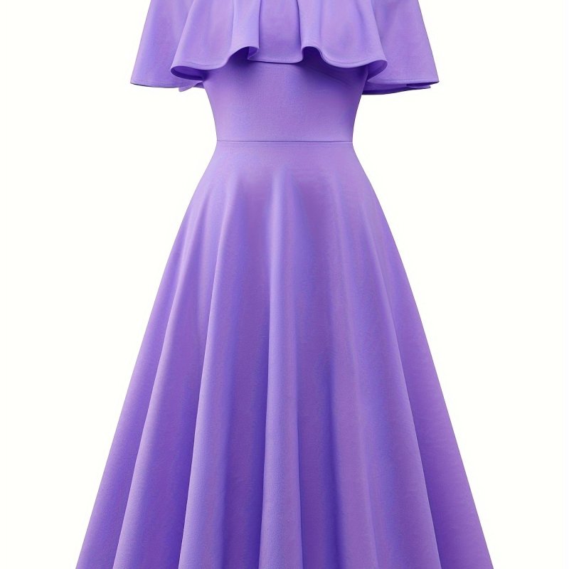 Ruffle Trim Illusion V Neck Dress, Elegant Lace A-line Flare Cape Dress For Party & Banquet, Women's Clothing