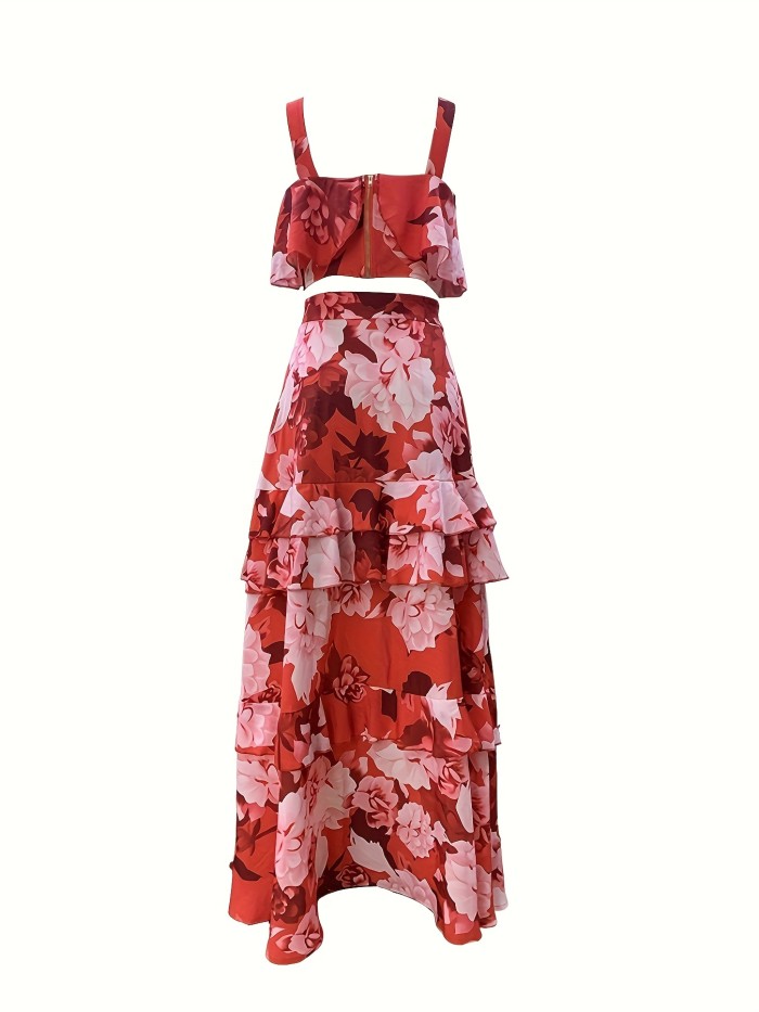 Floral Print Two-piece Skirt Set, Crop Tank Top & Layered Skirt Outfits, Women's Clothing