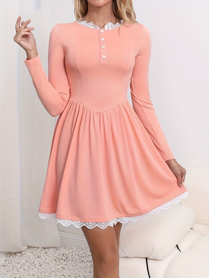 Lace Trim Button Front Dress, Cute & Casual Y2K Crew Neck Long Sleeve A Line Dress, Women's Clothing