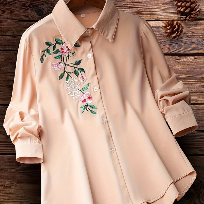 Floral Embroidered Button Down Shirt, Vintage Long Sleeve Shirt For Spring & Fall, Women's Clothing