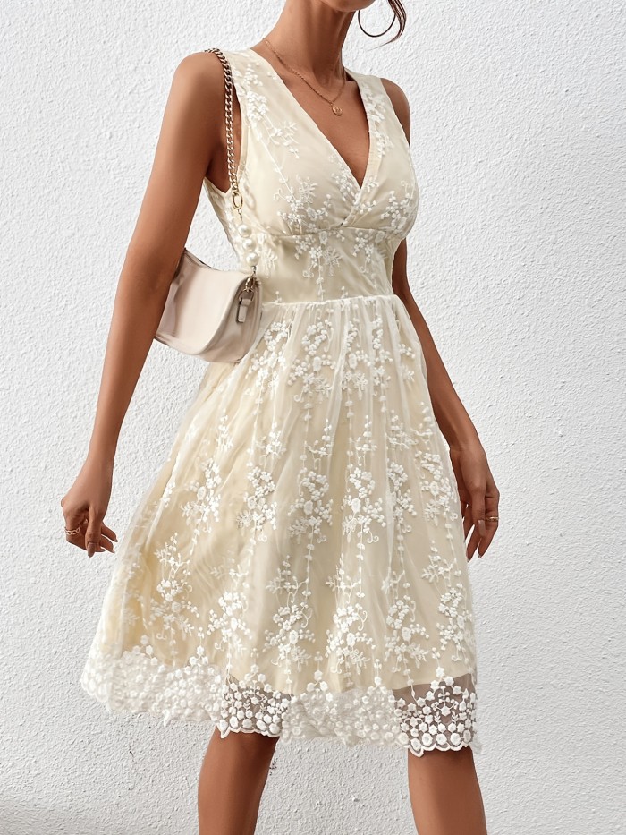 Solid Deep V Neck Sleeveless High Waist Lace Dress, Elegant Ruffled Hem Puffy Midi Dress, Women's Clothing