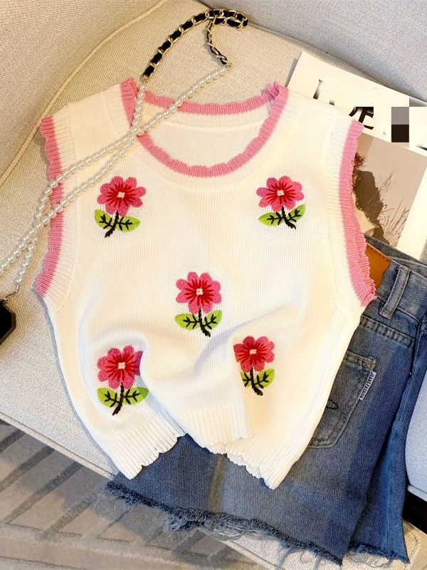 Embroidered Flower Pattern Crew Neck Tank Top, Casual Sleeveless Tank Top For Summer, Women's Clothing