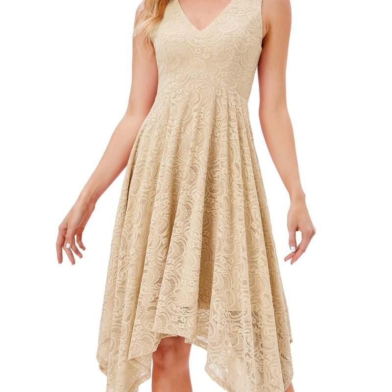 Contrast Lace Solid Dress, Elegant V Neck Sleeveless Party Dress, Women's Clothing