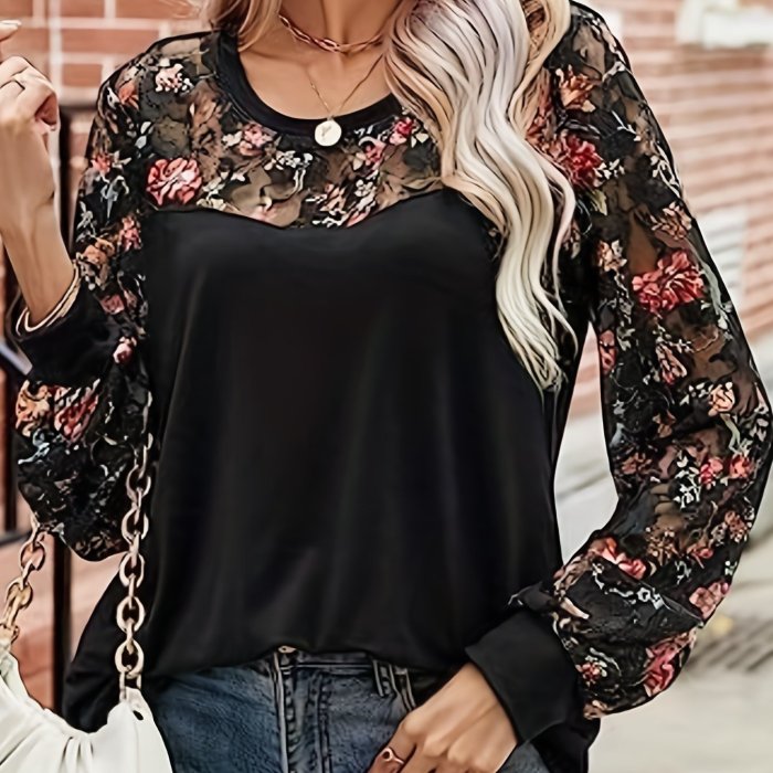 Floral Pattern Mesh Stitching Top, Casual Lantern Sleeve Top For Spring & Fall, Women's Clothing