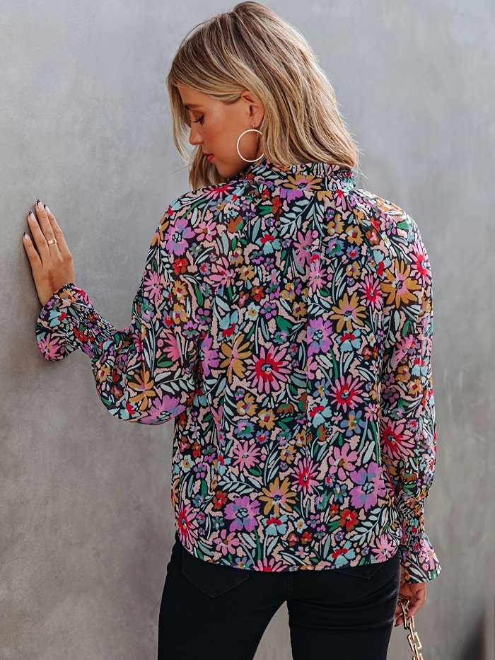 Floral Print Tie-neck Blouse, Casual Lantern Sleeve Blouse For Spring & Fall, Women's Clothing