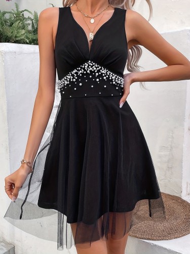 Beaded Backless Dress, Elegant V Neck Sleeveless Party Dress, Women's Clothing