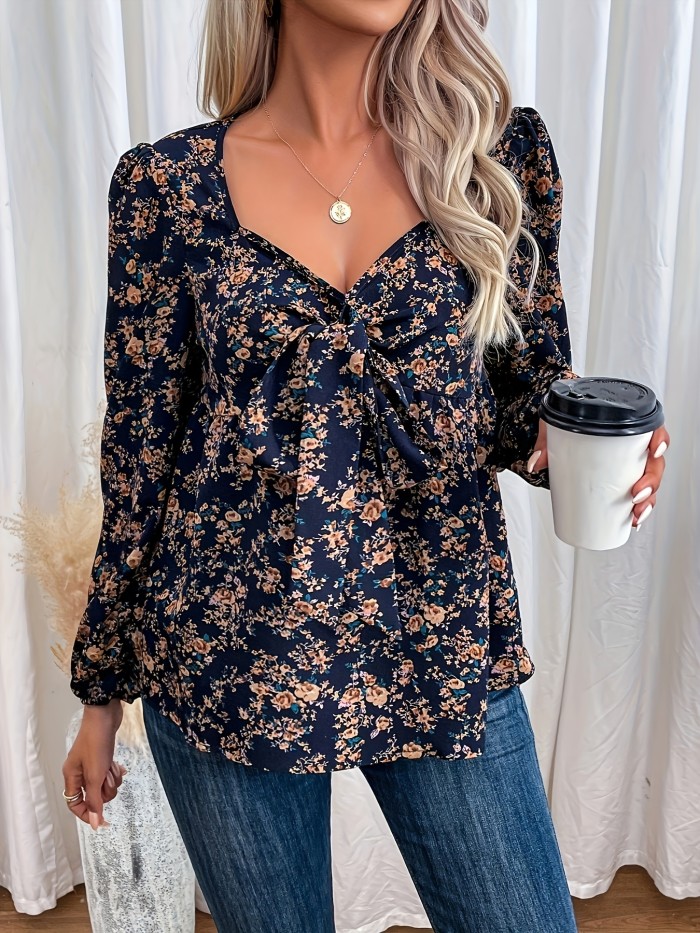 Floral Print V-neck Blouse, Vintage Long Sleeve Blouse For Spring & Fall, Women's Clothing