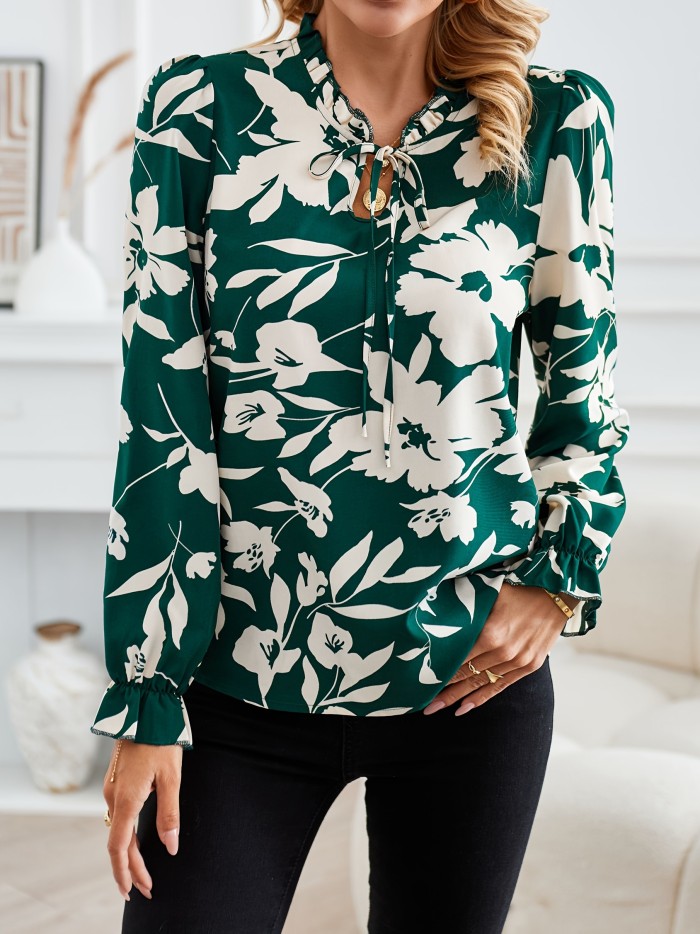 Floral Print Tie-neck Blouse, Casual Long Sleeve Blouse For Spring & Fall, Women's Clothing