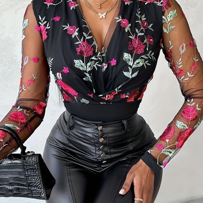 Floral Embroidered Mesh Splicing V-neck Blouse, Vintage Long Sleeve Slim Blouse For Spring & Fall, Women's Clothing