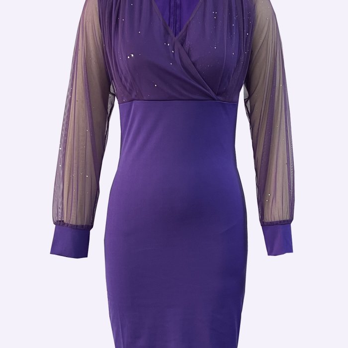 Elegant Skinny Semi Sheer Mesh Dress, Long Sleeve Stretchy V-neck Dress For Party & Banquet, Women's Clothing