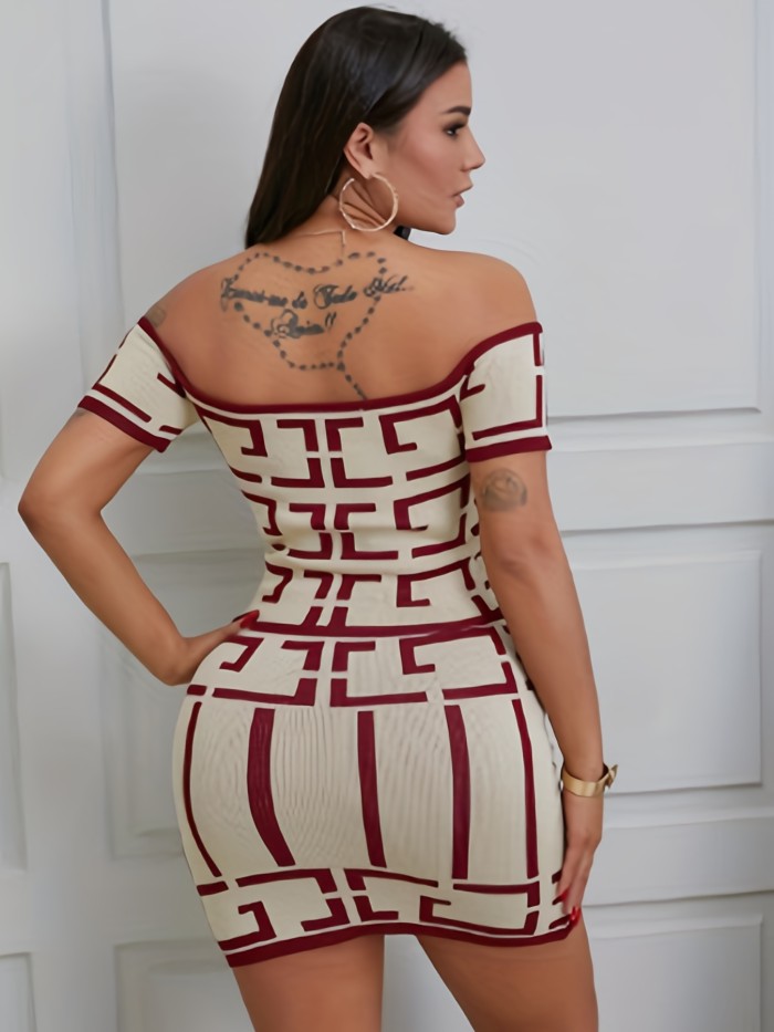 Sexy Geo Print Two-piece Set, Off Shoulder Short Sleeve Top & High Waist Slim Skirt Outfits, Women's Clothing