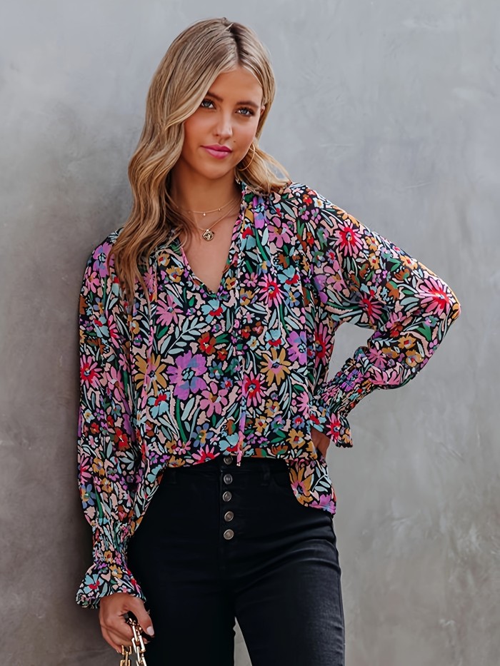 Floral Print Tie-neck Blouse, Casual Lantern Sleeve Blouse For Spring & Fall, Women's Clothing