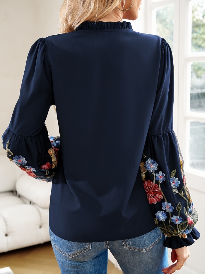 Floral Pattern Tie Neck Blouse, Casual Long Sleeve Blouse For Spring & Fall, Women's Clothing