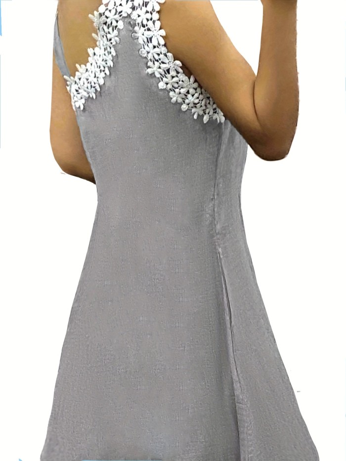 Contrast Lace Bow Tie Dress, Casual Asymmetrical Sleeveless Tank Dress, Women's Clothing