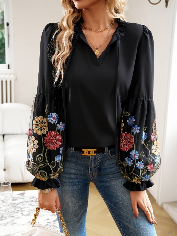 Floral Pattern Tie Neck Blouse, Casual Long Sleeve Blouse For Spring & Fall, Women's Clothing