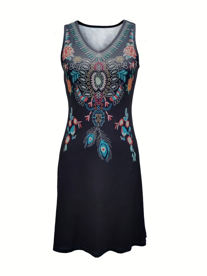 Ethnic Print V Neck Tank Dress, Casual Sleeveless Dress, Women's Clothing