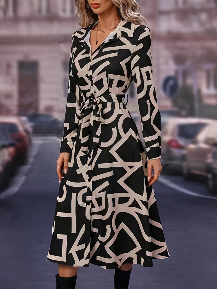 Geo Print Button Front Dress, Elegant Long Sleeve Belted Dress For Spring & Fall, Women's Clothing