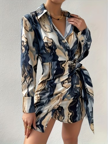 Allover Print Tie Front Dress, Y2K Lapel Neck Long Sleeve Skinny Dress For Spring & Fall, Women's Clothing