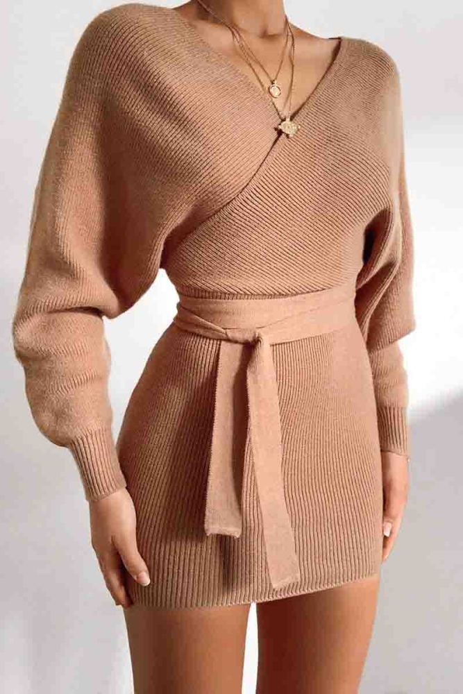 V Neck Knit Sweater Dress（3 Colors）