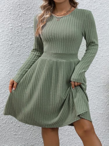 Plus Size Solid Ribbed Dress, Casual Crew Neck Long Sleeve Dress, Women's Plus Size Clothing
