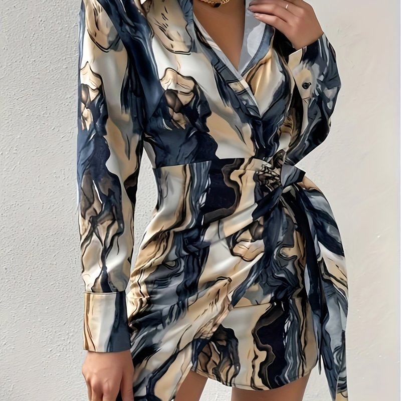 Allover Print Tie Front Dress, Y2K Lapel Neck Long Sleeve Skinny Dress For Spring & Fall, Women's Clothing