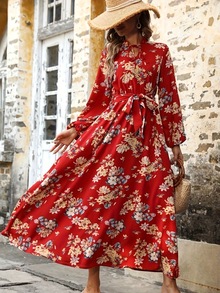 Floral Print Tied V Neck Dress, Elegant Long Sleeve Belted Maxi Dress, Women's Clothing