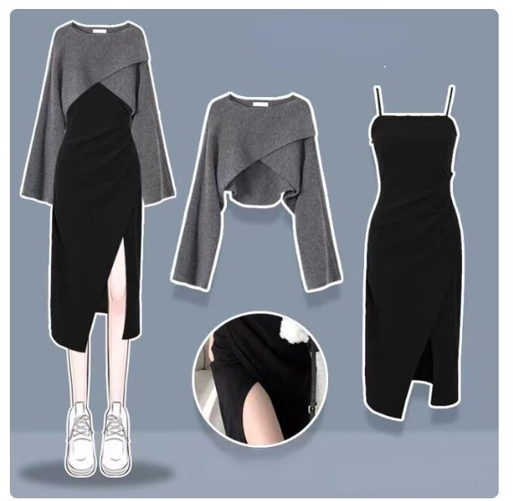 Elegant Two-piece Dress Set, Textured Crop Top & Plaid Aline Swing Dress Outfits, Women's Clothing