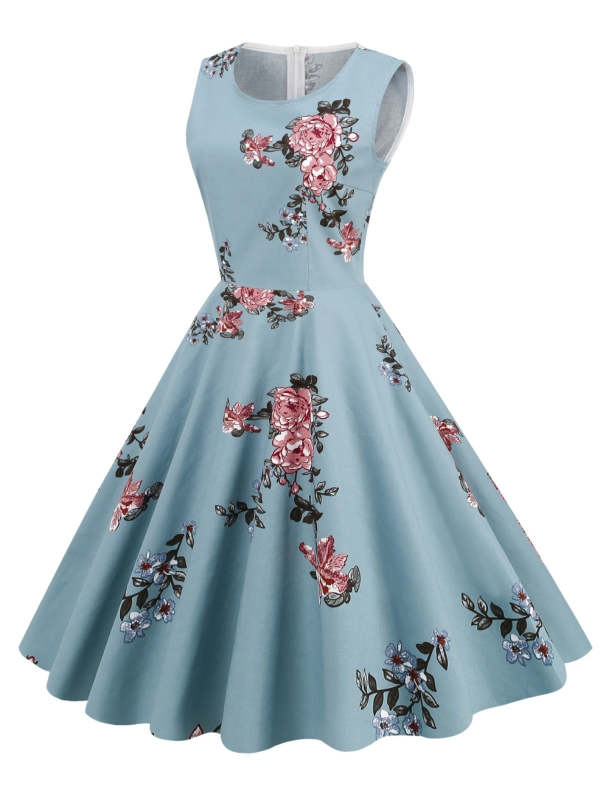 1950s Floral Sleeveless Swing Dress