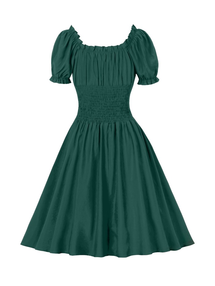 Plus Size Lettuce Trim Shirred Waist Dress, Casual V Neck Short Sleeve Ruched Dress, Women's Plus Size Clothing