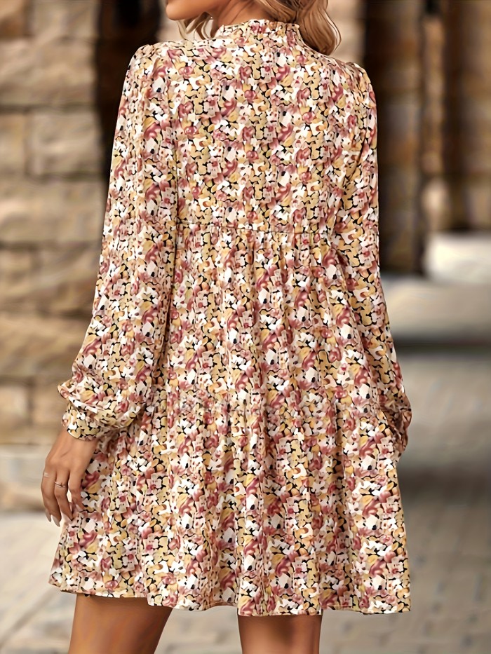 All Over Print Dress, Casual Notched Neck Long Sleeve Dress, Women's Clothing