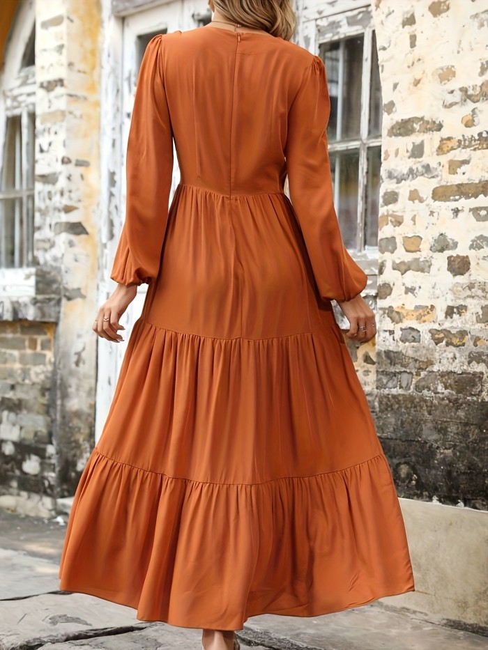 Solid V Neck Ruffle Hem Dress, Elegant Long Sleeve Midi Dress, Women's Clothing