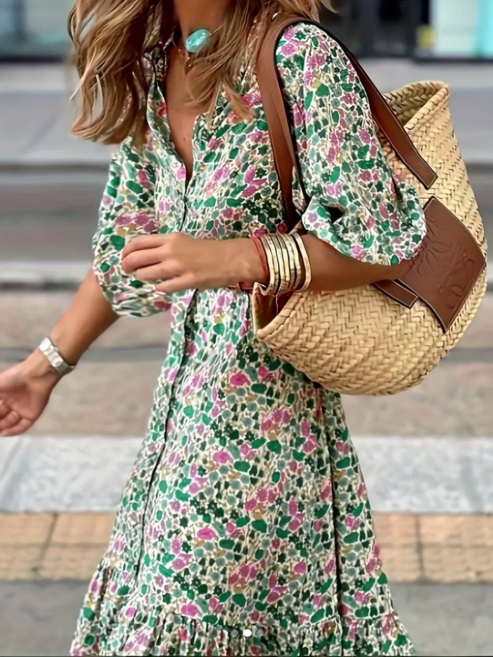 Floral Print V Neck Dress, Casual Puff Sleeve Ruffle Hem Dress For Spring & Summer, Women's Clothing