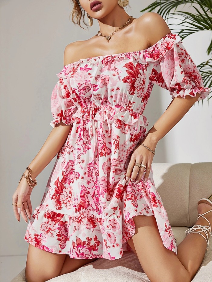 Floral Print Off Shoulder Dress, Sexy Short Sleeve Slim Waist Dress, Women's Clothing