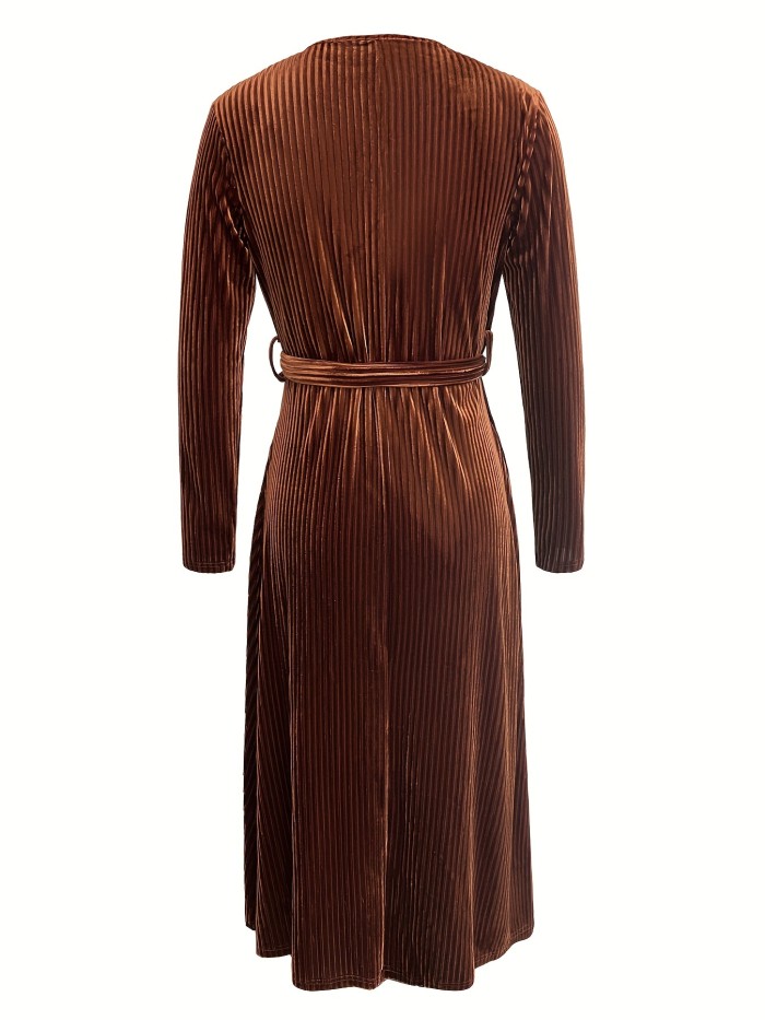 Solid Rib-knit Belted Split Dress, Long Sleeve Surplice Neck Elegant Dress, Women's Clothing