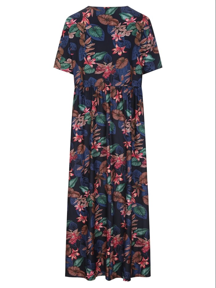 Plus Size Casual Dress, Women's Plus Floral Print Short Sleeve Round Neck Slight Stretch Maxi Dress