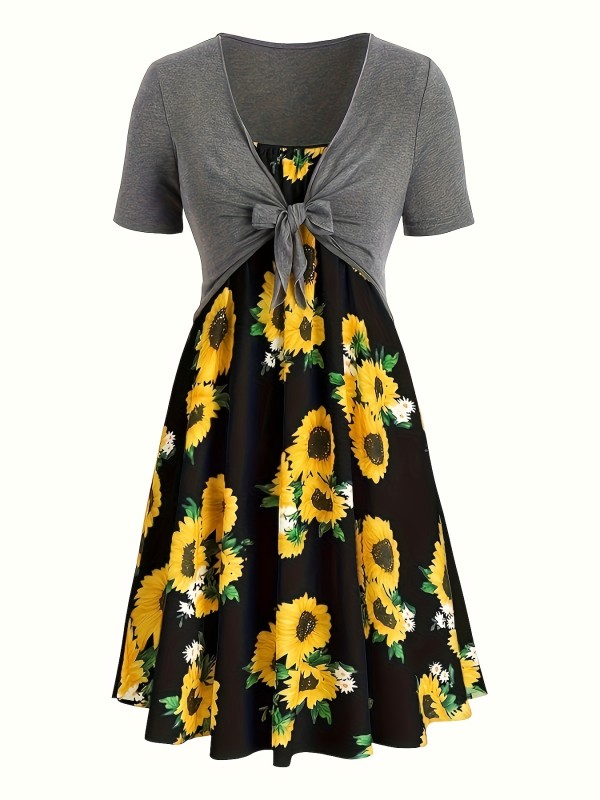 Plus Size Sunflower Print Two-piece Dress Set, V Neck Short Sleeve Tie Front Top & Slim Cami Dress Outfits, Women's Plus Size Clothing