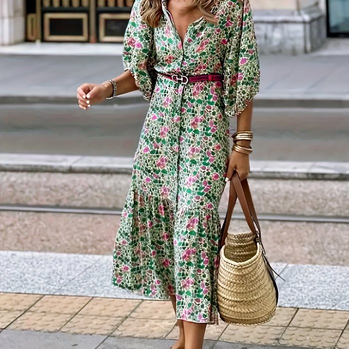 Floral Print V Neck Dress, Casual Puff Sleeve Ruffle Hem Dress For Spring & Summer, Women's Clothing