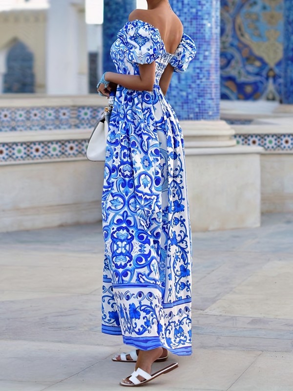 Baroque Floral Print Dress, Boho Off Shoulder Short Sleeve Maxi Dress, Women's Clothing