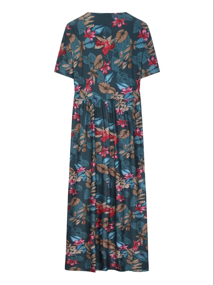 Plus Size Casual Dress, Women's Plus Floral Print Short Sleeve Round Neck Slight Stretch Maxi Dress