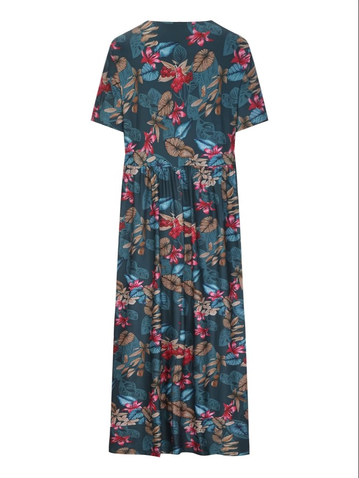 Plus Size Casual Dress, Women's Plus Floral Print Short Sleeve Round Neck Slight Stretch Maxi Dress