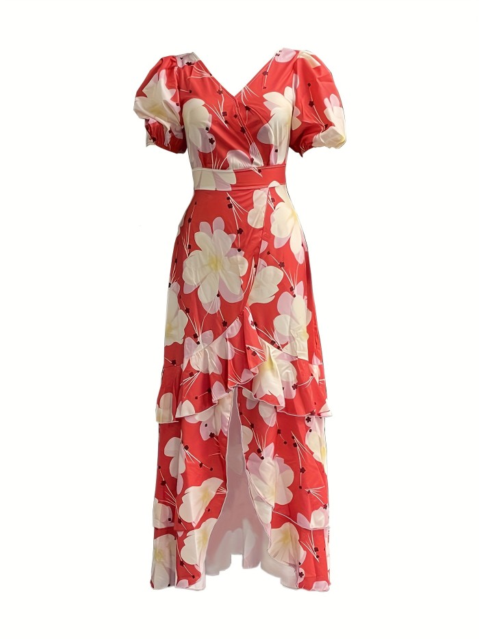 Floral Print V Neck Dress, Elegant Short Sleeve Layered Maxi Dress, Women's Clothing
