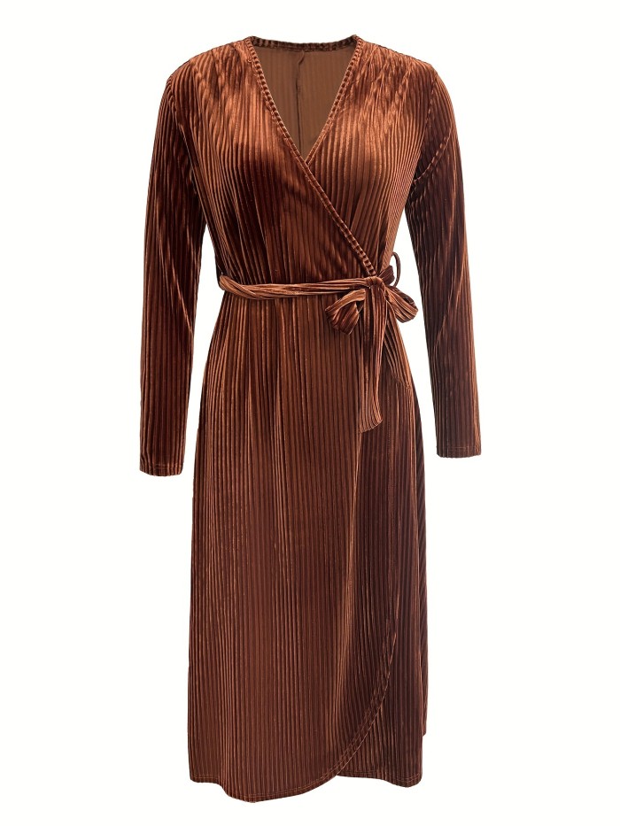 Solid Rib-knit Belted Split Dress, Long Sleeve Surplice Neck Elegant Dress, Women's Clothing