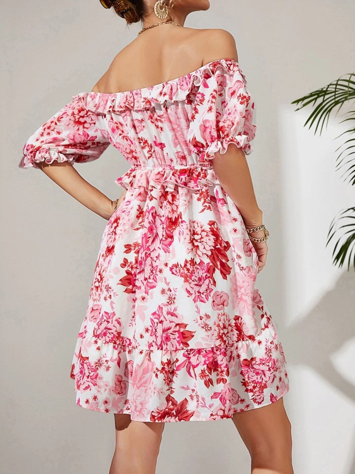 Floral Print Off Shoulder Dress, Sexy Short Sleeve Slim Waist Dress, Women's Clothing