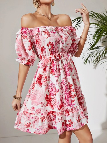 Floral Print Off Shoulder Dress, Sexy Short Sleeve Slim Waist Dress, Women's Clothing