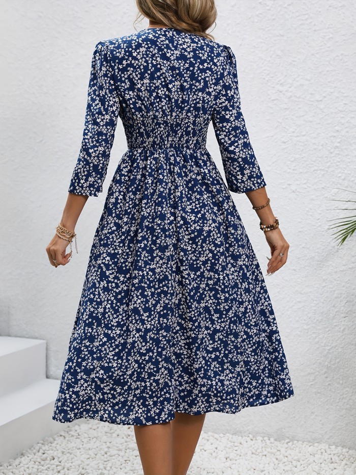 Floral Print V Neck A-line Dress, Casual  Three-quarter Sleeve Midi Length Dress, Women's Clothing